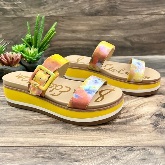NIB Sam Edelman Agustine Platform Slide Sandal Lemon Zest Multi Leather 7.5M - Picture 5 of 12